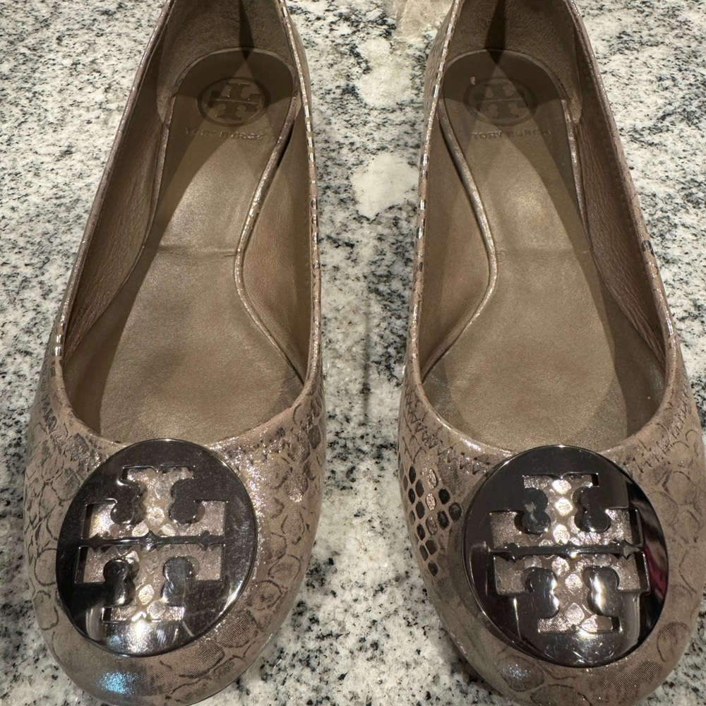 Tory Burch Tan Leather Loafers with Metallic Embellishment
